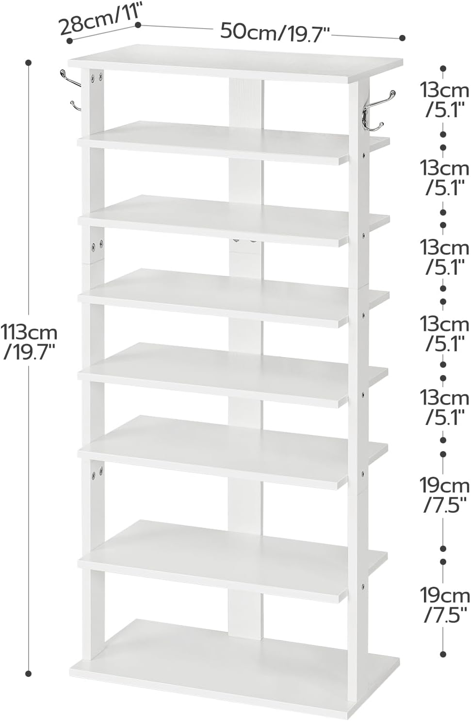 HOOBRO 8 Tiers Vertical Shoe Rack, Wooden Shoe Storage Organizer with Hooks, Narrow Shoe Tower for 8 Pairs, Space Saving, for Entryway, Living Room, Bedroom, Rustic Brown BF07XJ01G1