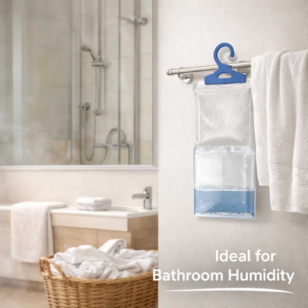 Humidi Free Hanging Dehumidifier Bags-4 Pack, Moisture Absorber for Closet, Bathroom & Basement, Humidity Control Hanging Bags, Fragrance-Free, Space Saving Design