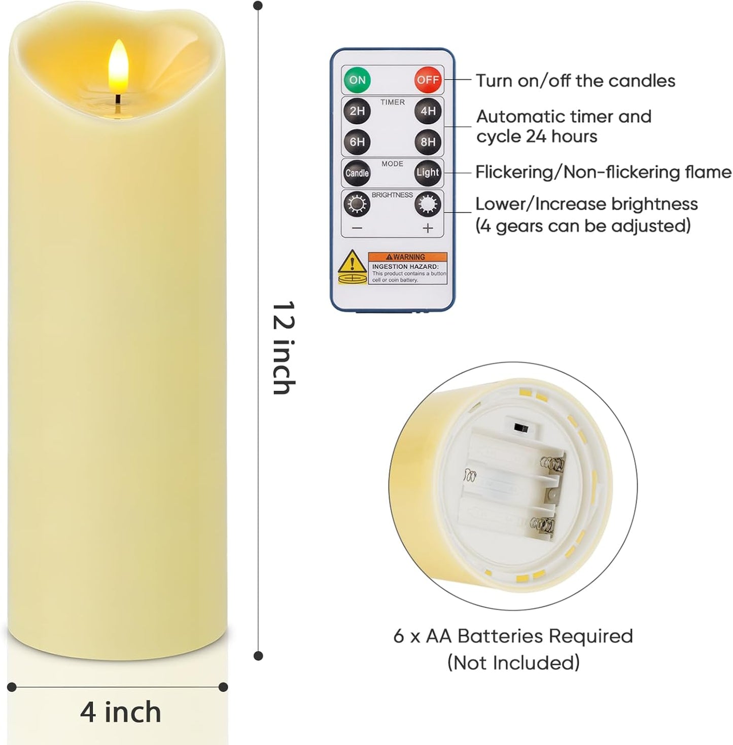 Amagic IP65 Waterproof Outdoor Flameless Candles with Remote, LED Candles Battery Operated with Timer, Flickering Fake Pillar Candle for Outside Patio Yard Decor, Ivory, Set of 5, D3 X H4 5" 6" 8" 8"