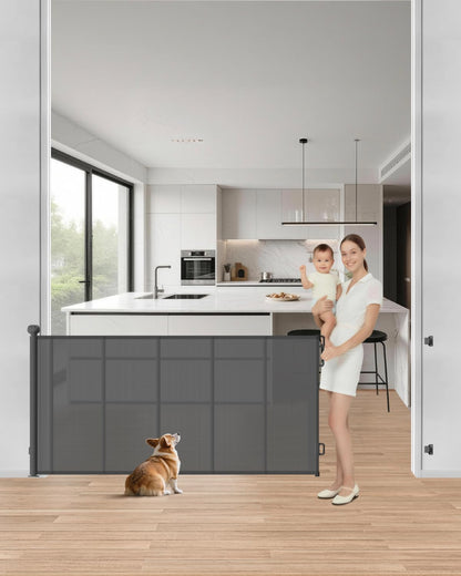 Retractable Baby Gate, 55" Wide Reinforced Mesh Baby Gate with 4 Fiberglass Support Rods for a Tighter Fit, 34" Tall Retractable Dog Gate for Stairways, Hallways and Doorways, Black