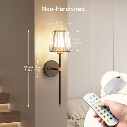 Crystal Battery Operated Wall Sconces Set of 2, Gold Rechargeable Wireless Wall Sconce Lights with Crystal Lampshade, 12 RGB and 3CCT Dimmable Wall Lamps with Remote for Bedroom Living Room Hallway