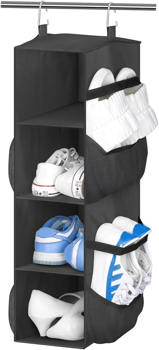 SLEEPING LAMB Short Hanging Shoe Organizer for Closet Storage with Mesh Side Pockets Holds 8 Pairs, Hanging Shoe Rack Hanger RV, Camper, Grey