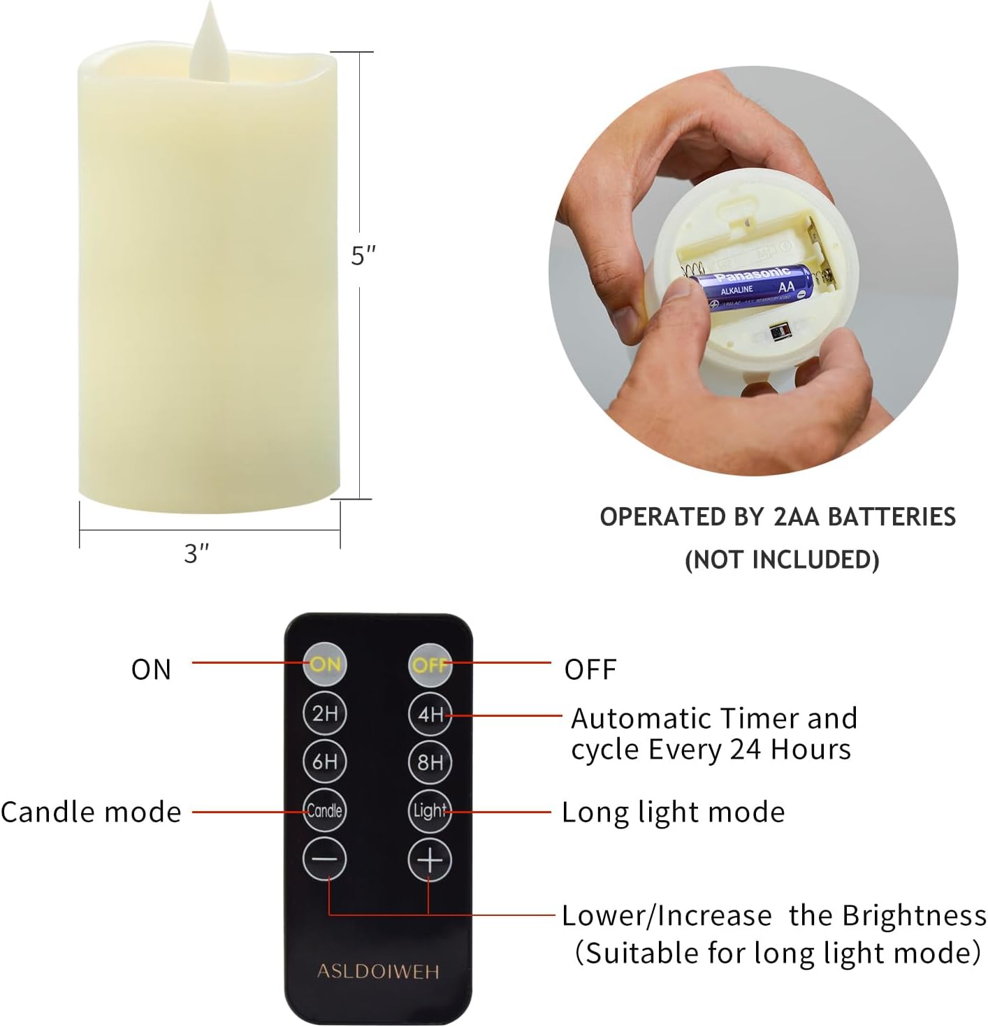 3x3 Flickering Flameless Candles Set of 2, 2AA Battery Life 600 Hours Battery Candles Flickering with Timer,3 inch Flameless Candles with Remote for Indoor/Outdoor, Ivory