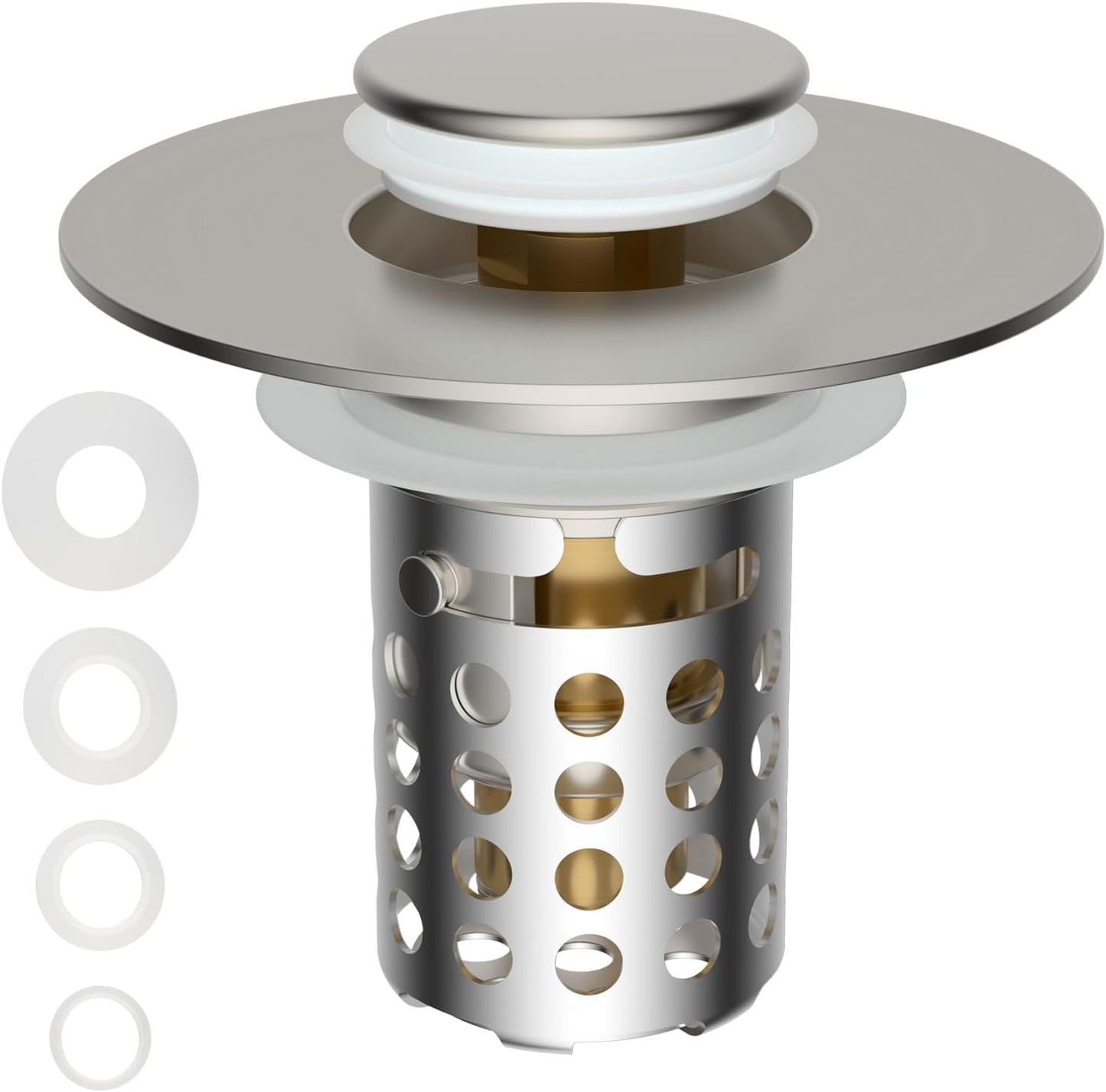 Universal Bathroom Sink Drain Strainer Hair Catcher, Brushed Nickel | Upgraded with Removable Stainless Steel Filter Basket, 3 in 1 Pop Up Sink Stopper for 1.1''~2.36'' Sink Basin Hole