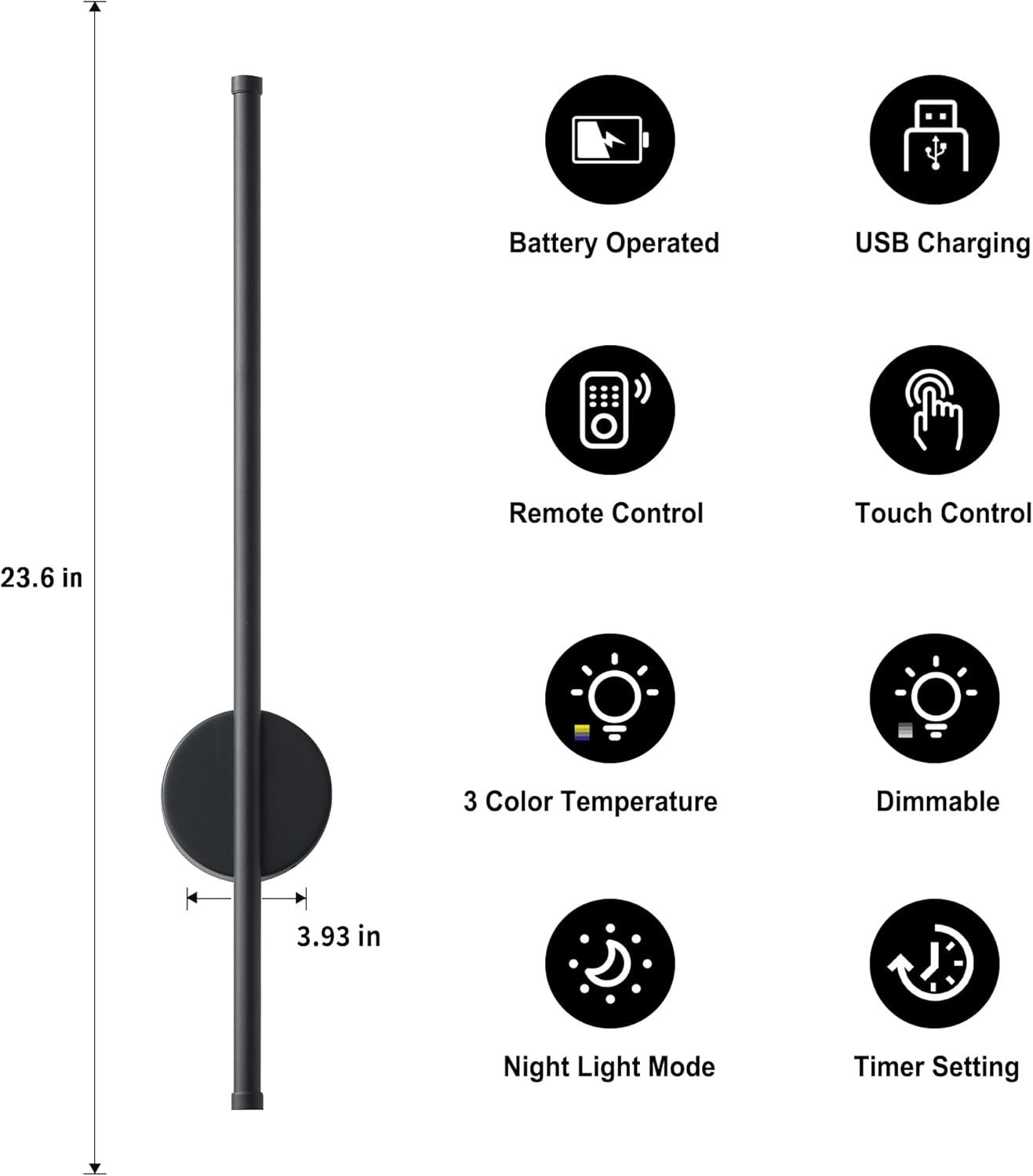 Battery Operated Modern Wall Sconces, Dimmable Wireless Wall Light Set of Two with Remote Control, 3 Color Temperatures, Rechargeable LED Wall Sconce for Bedroom, Living Room, Hallway, 23.6 Inch Brass