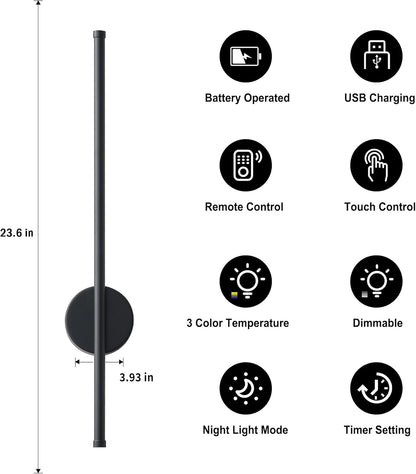 Battery Operated Modern Wall Sconces, Dimmable Wireless Wall Light Set of Two with Remote Control, 3 Color Temperatures, Rechargeable LED Wall Sconce for Bedroom, Living Room, Hallway, 23.6 Inch Brass