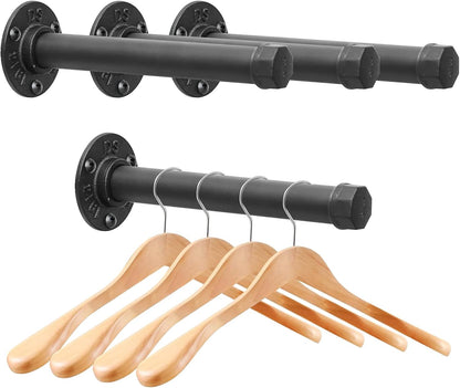 Cast Iron Wall Mounted Clothes Rack, Heavy Duty Industrial Pipe Clothing Rack for Hanging Clothes, Garment Racks for Wardrobe Organizers and Storage, DIY Closet Rods Closet Bar (Black 2 Pack, 12 in)