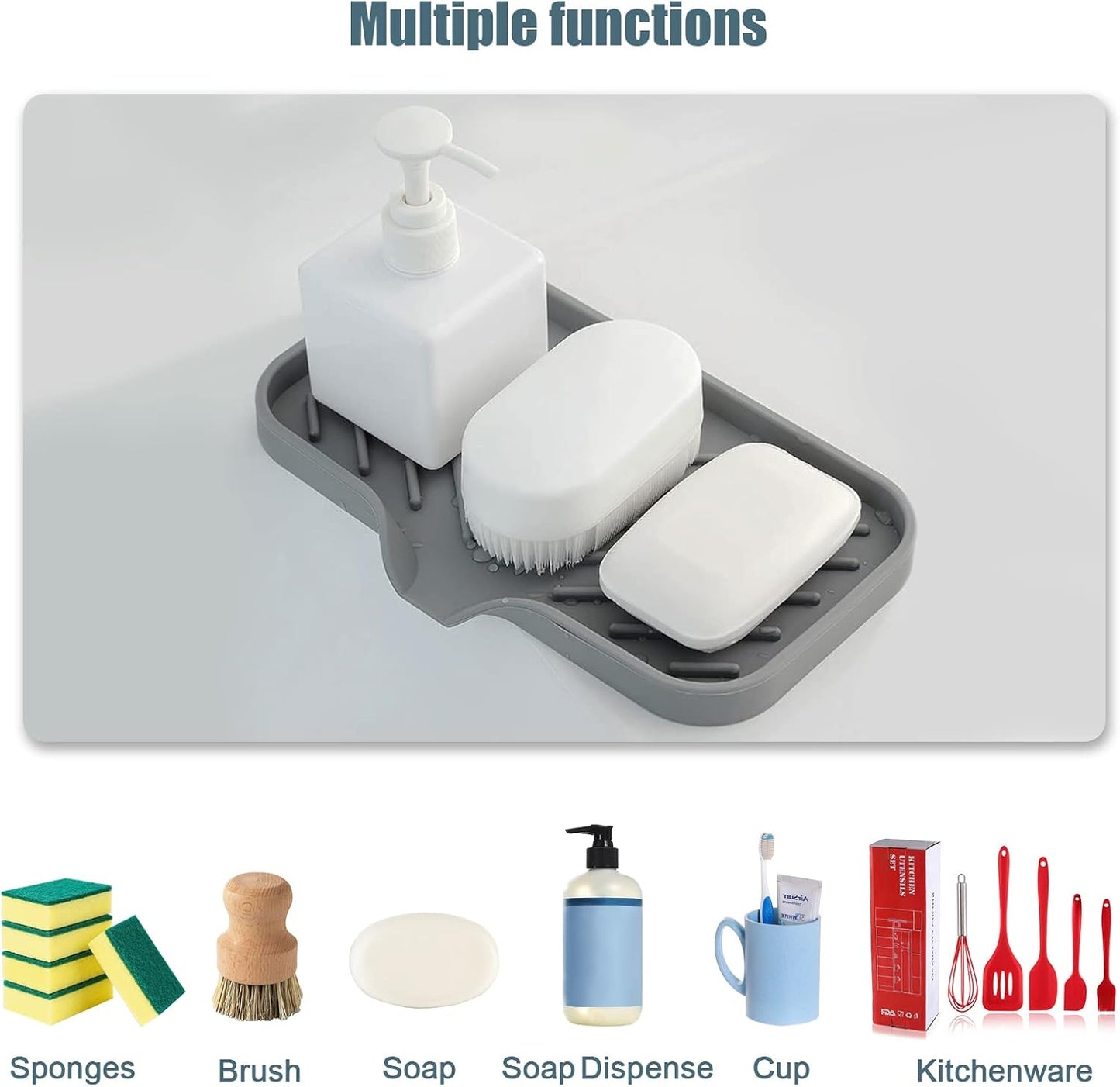 Kitchen Soap Tray, XIACIBDUS 2PCS Silicone Sink Sponge Holder, Soap Holder for Kitchen Sink with Drain Spout, Bath Tray Caddy Soap Tray for Kitchen Counter Bathroom Dish Scrubber(Big)