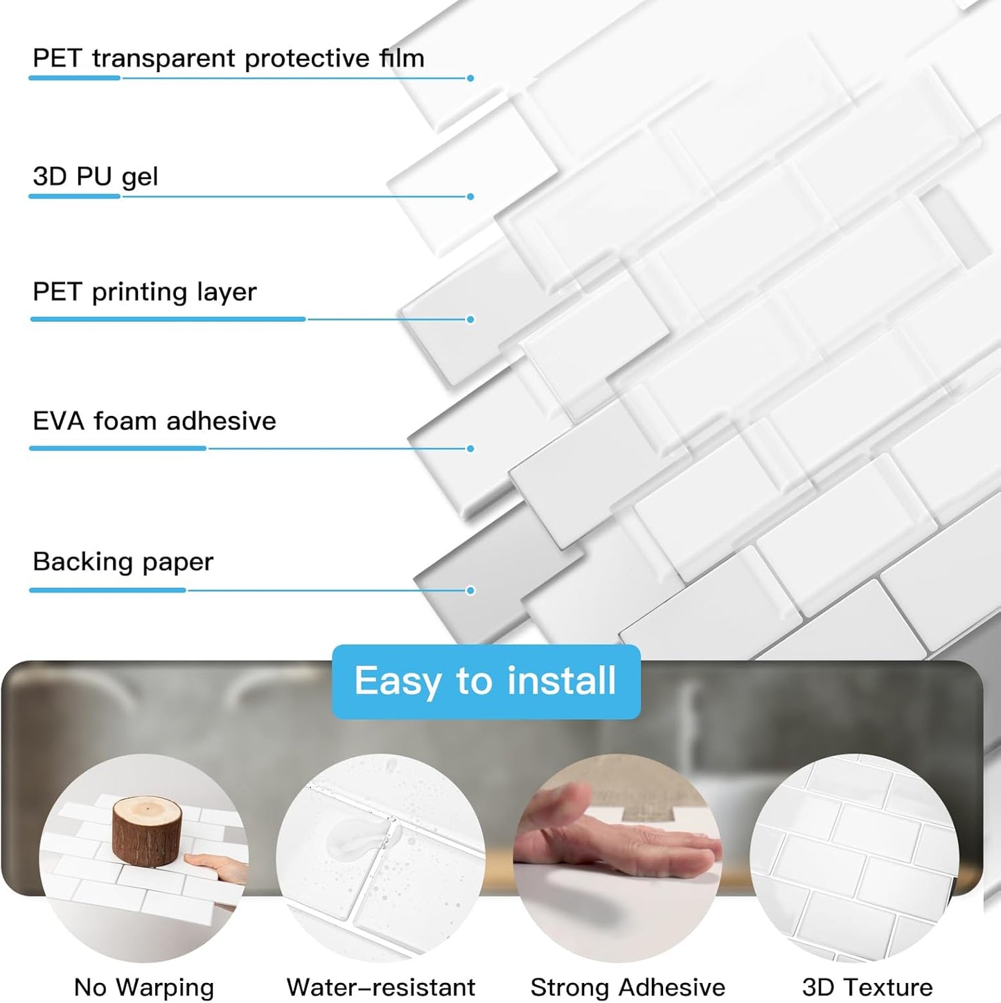 Art3d Peel and Stick Backsplash for Kitchen White Subway (10 Tiles, Thicker Design)