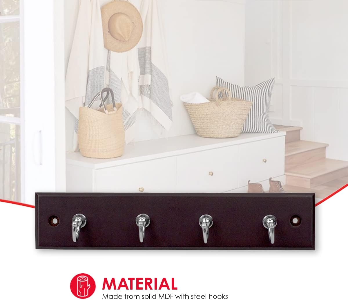 4 Hook Wall Mounted Key Rack by Home Basics | Engineered Cherry Wood Finish for Organizing Keys, Coats, and Accessories | Simple Design adds a Function Addition to Any entryway, Kitchen, or Hallway