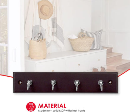 4 Hook Wall Mounted Key Rack by Home Basics | Engineered Cherry Wood Finish for Organizing Keys, Coats, and Accessories | Simple Design adds a Function Addition to Any entryway, Kitchen, or Hallway
