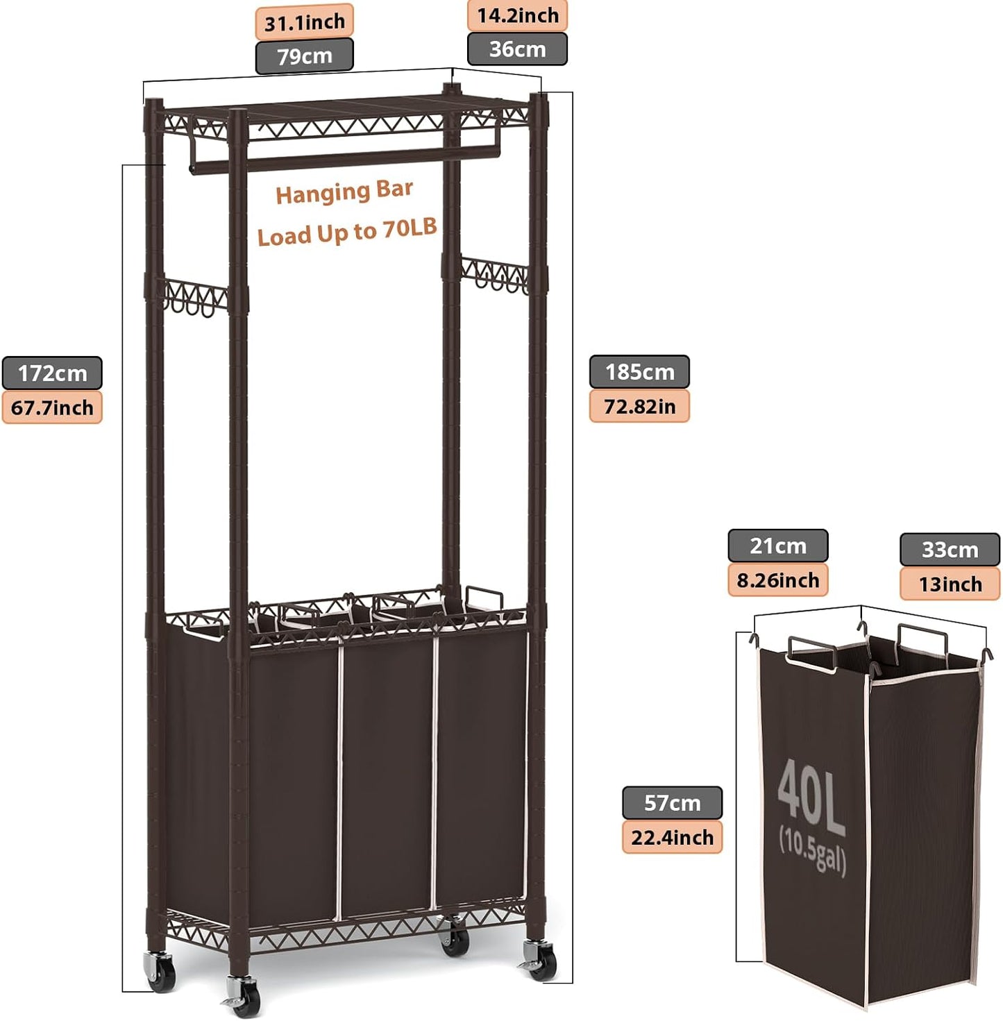 Hodonas Rolling Laundry Basket Organizer with Wheels and Hanging Bar, Laundry Hamper Cart Laundry Sorter 3 Section, Dirty Clothes Hampers for Laundry Bedroom Bathroom w/ 3 Removable Bags, Black