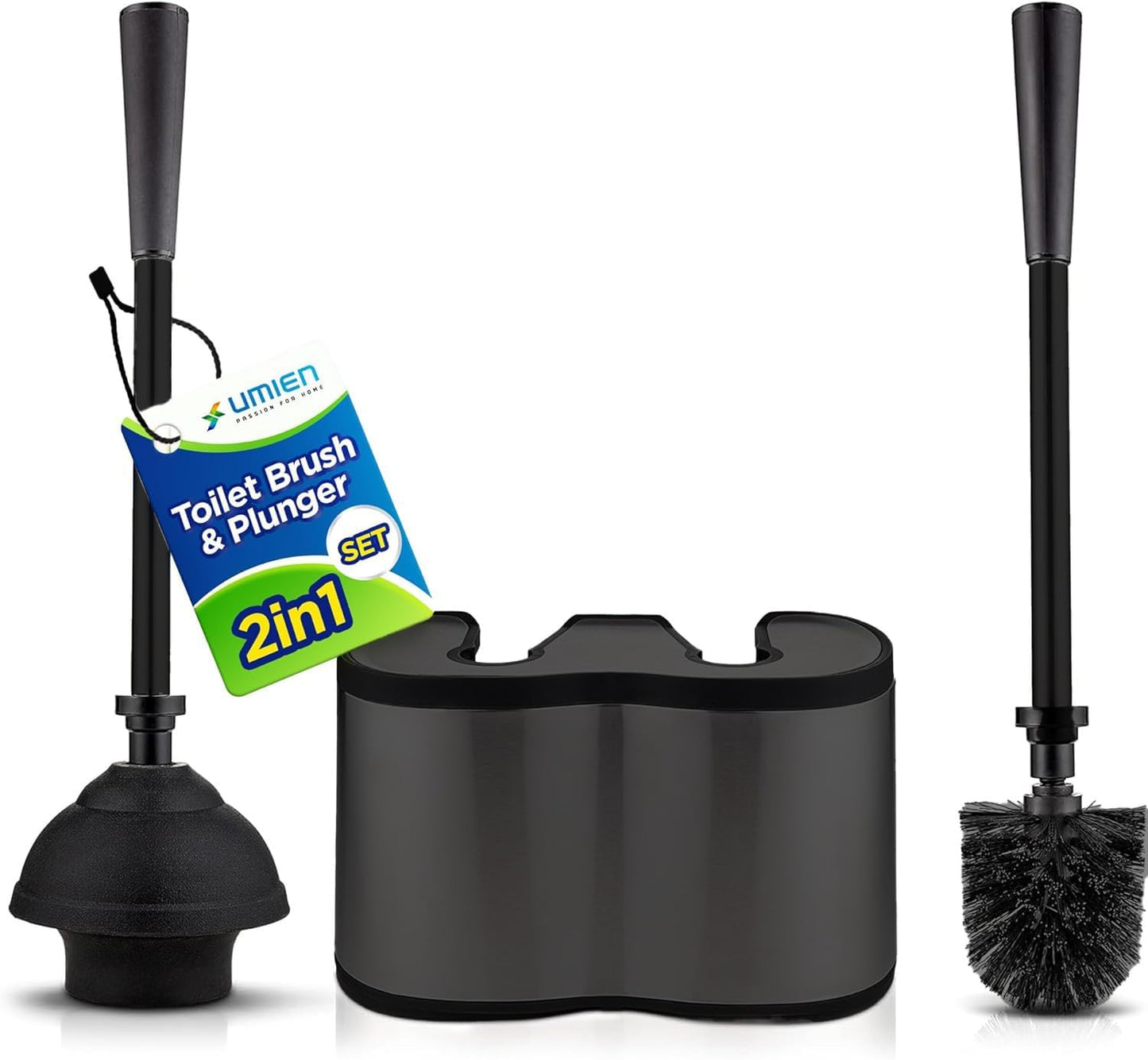 UMIEN Toilet Brush and Plunger Set 18-in - Updated 2025 No-Rust - Stainless Steel Design - Long Handles - with Freestanding Canister