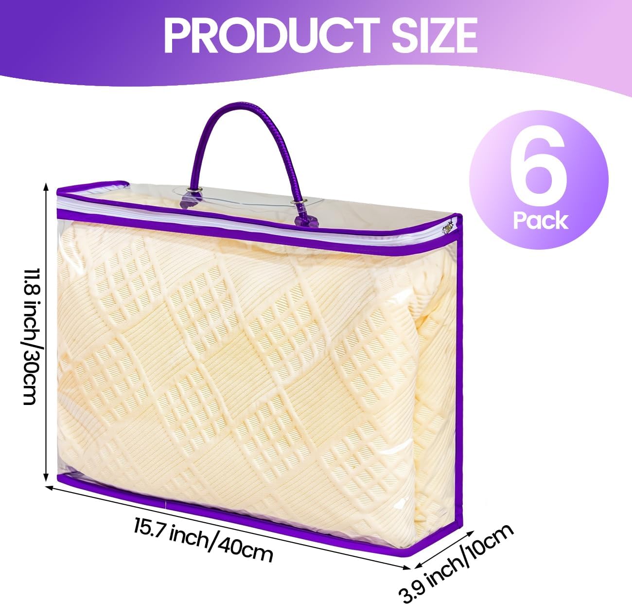 6 Pcs （16 * 12 * 4 Inch）Clear Zippered Storage Bags for Sweater Blanket Bed Sheet Storage, Plastic Storage Bags with Zipper for Closet Linen Sweater Blanket