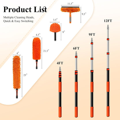 26ft High Reach Duster Kit with 5-20ft Heavy-Duty Extra Long Extension Pole, Vaulted Ceiling Cobweb Brush, Washable Ceiling Fan Duster, Microfiber Duster & Window Squeegee for Tall Ceiling