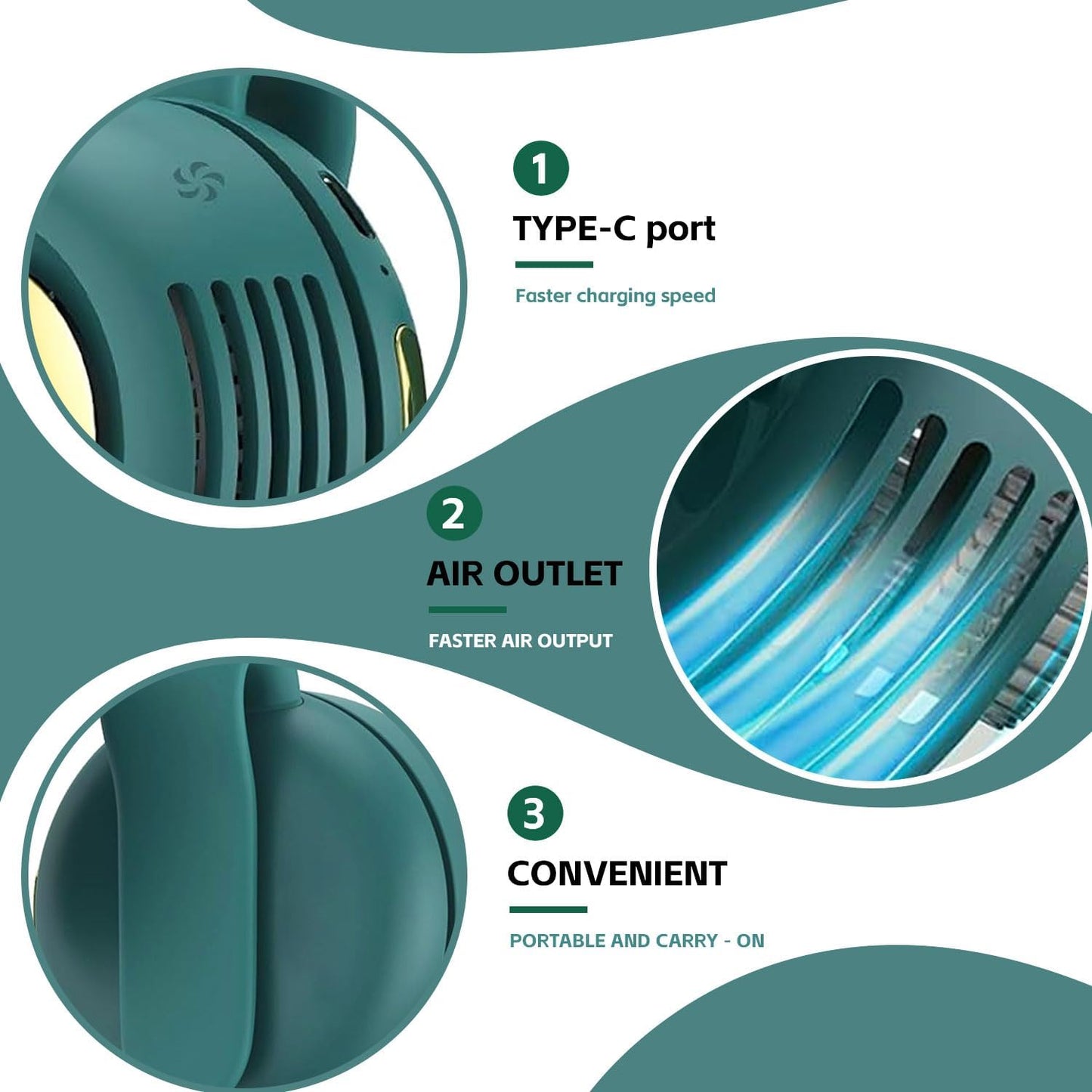 Portable silent mini bladeless fan 3-speed clip-on fan 360° rotatable, suitable for outdoor, travel and office use, travel accessory (Green)
