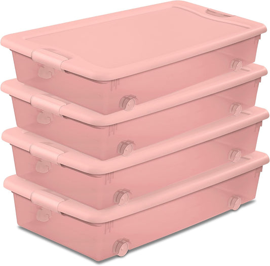 Sterilite 4-Pack 56 Quart Wheeled Latching Box, Underbed Plastic Storage Organizer, Silver - Under Bed Rolling Container Bin with Lid and Wheels for Home or Dorm Bedrooms and Closets