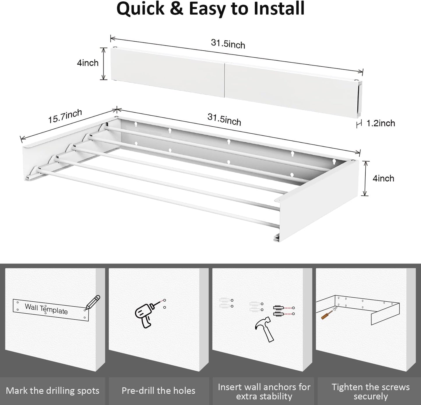 Laundry Drying Rack, Collapsible Wall Mounted Clothes Drying Rack - Foldable,Space Saving, 13.2 Linear Ft, 5 Aluminum Rods, 60 lb Capacity (White, 40" Wide)