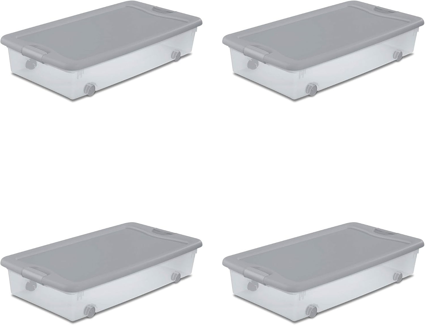 Sterilite 4-Pack 56 Quart Wheeled Latching Box, Underbed Plastic Storage Organizer, Silver - Under Bed Rolling Container Bin with Lid and Wheels for Home or Dorm Bedrooms and Closets
