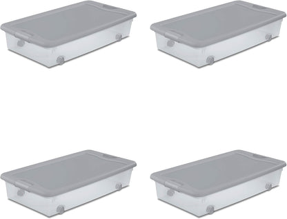 Sterilite 4-Pack 56 Quart Wheeled Latching Box, Underbed Plastic Storage Organizer, Silver - Under Bed Rolling Container Bin with Lid and Wheels for Home or Dorm Bedrooms and Closets