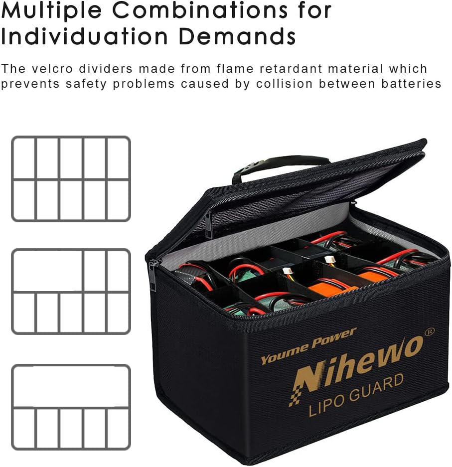 Lipo Safe Bag Fireproof Explosionproof Battery Bag Organizer - Large Capacity Lipo Guard Safe Pouch for Storage & Transportation & Charging with Durable Handle and Mesh Pocket