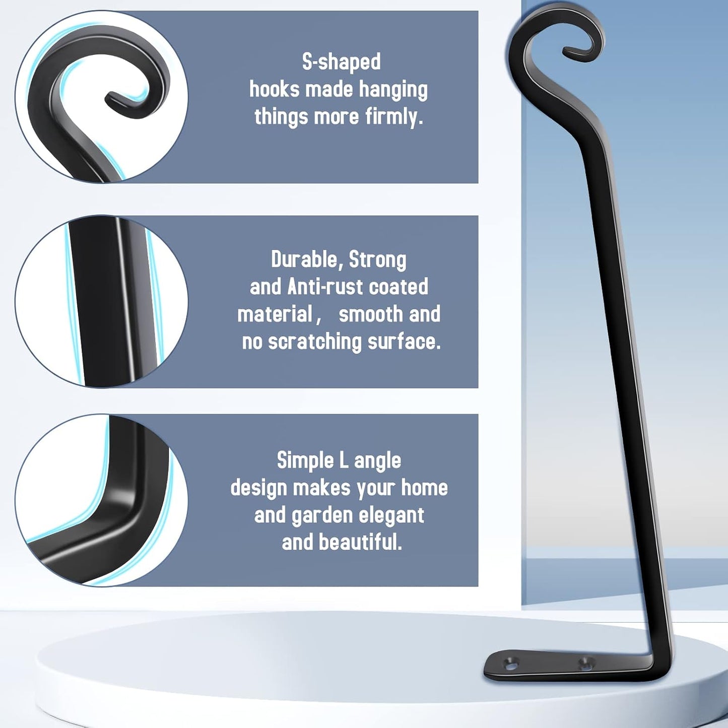 FEED GARDEN Heavy Duty Plant Hangers Outdoor Indoor, 8 Inch 2 Pack Metal Hanging Bracket Holds Up to 44 lbs, Wall Brackets for Hanging Baskets, Bird Feeders,Wind Chime& Lanterns, Black