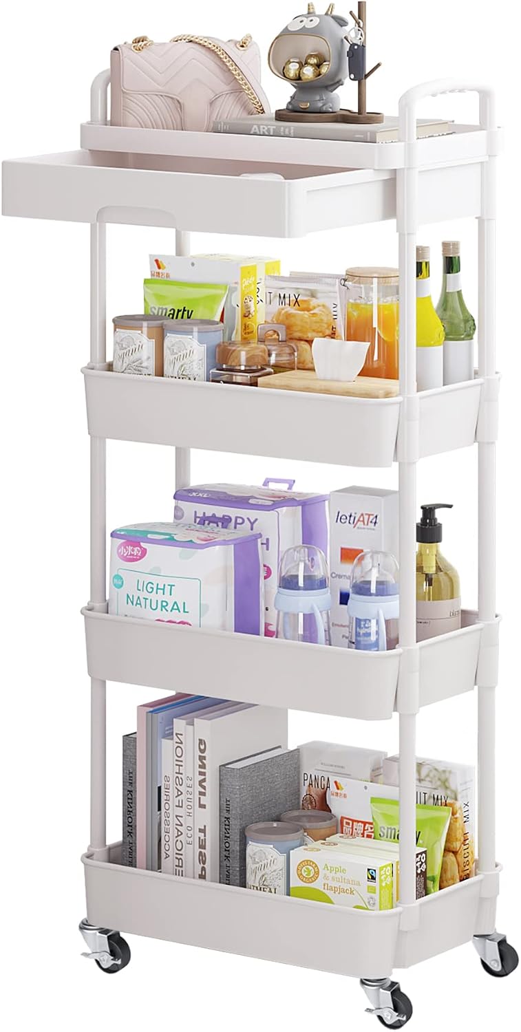 Calmootey 3-Tier Rolling Utility Cart with Drawer,Multifunctional Storage Organizer with Plastic Shelf & Metal Wheels,Storage Cart for Kitchen,Bathroom,Living Room,Office,White