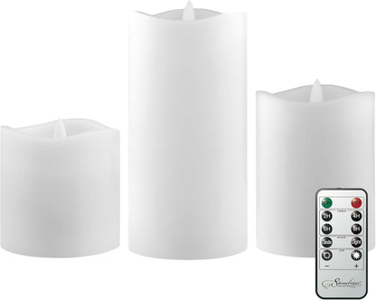 Stonebriar 3 Pack White Real Wax Assorted Size Flameless LED Pillar Candles with Remote and Timer