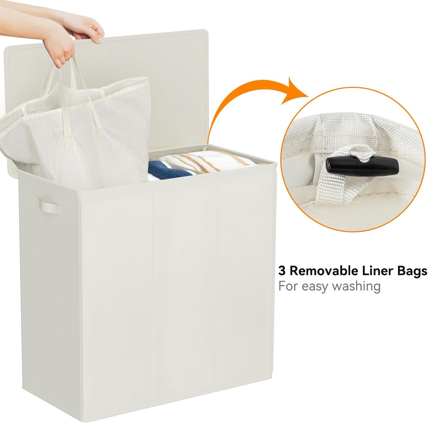 WOWLIVE 180L Laundry Hamper with Lid 3 Section,Large Laundry Basket with Removable Bags and Handles,Collapsible Dirty Clothes Hampers for Laundry,Laundry Basket Organizer for Laundry Room,Dorm,Beige