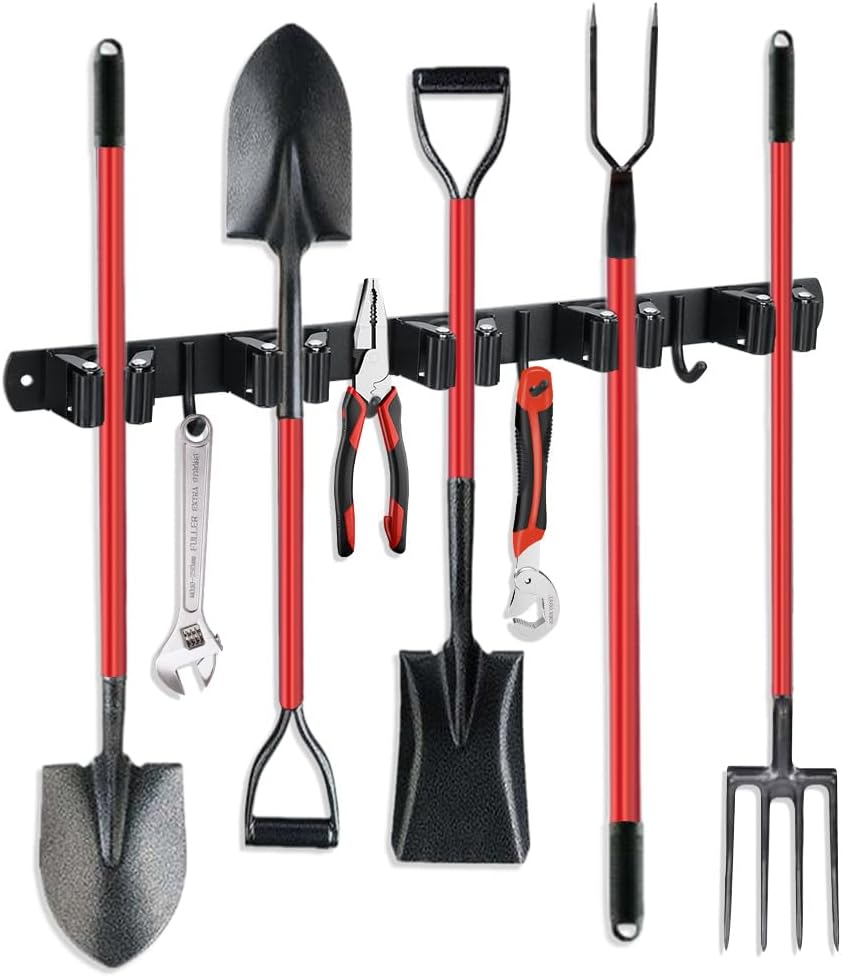 JAMEND CLXP Broom Hanger and Mop Holder, Heavy Duty Garden Tool Organizer Rack Rake and Shovel Handle, Stainless Steel Wall Mounted Utility Rack with Screws (3 Racks with 4 Hooks, Matte Black).