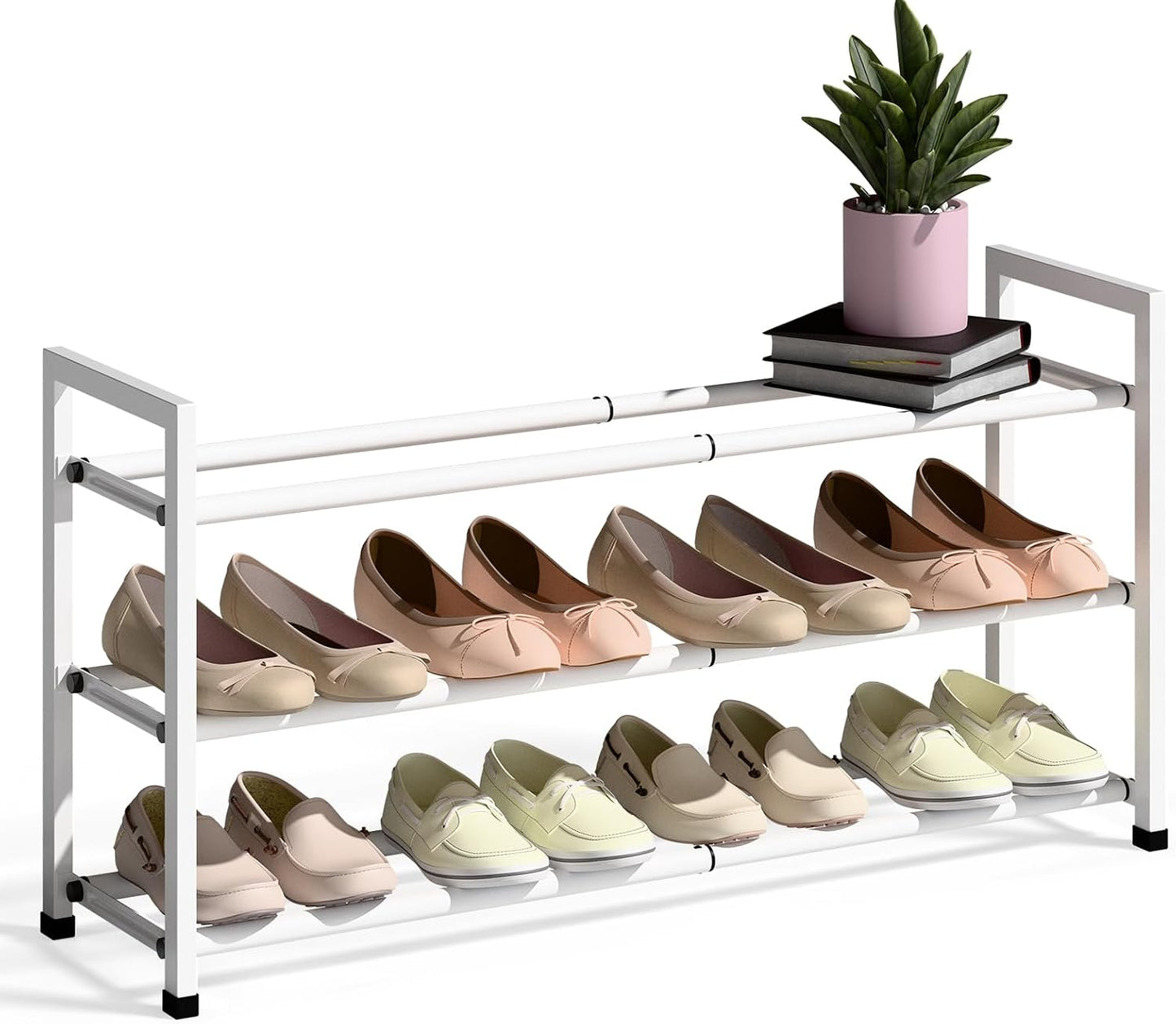 Bumusty 3-Tier Expandable Shoe Rack for Closet, 18“-33” Adjustable Shoe Rack for Small Space, Small Shoe Organizer for Front Door, Sturdy Metal, Black