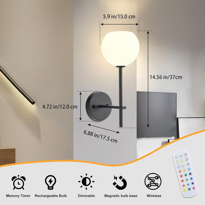 Brass Battery Operated Wall Sconces Set of 2, Rechargeable Wireless Wall Lights with Milky White Frosted Glass, 12 RGB and 3CCT Dimmable, Wall Lamps with Remote for Bedroom Living Room Hallway