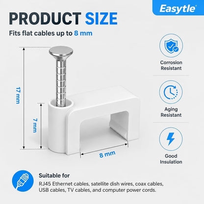Cable Clips Nail in Cable Clips 100 Pcs 8mm Flat Ethernet Cable Wall Clips Cable Tacks Coax Cable Clip Speaker Wire Clips Cable Nails for Cords Cat5/Cat5e/Cat6/Cat7 RJ45 Cord Clips