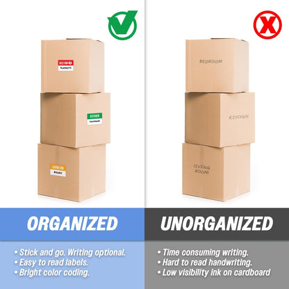 Moving Labels (3 x 2 inch, 300 per Pack) Ideal for 1-2 Bedroom Homes - 10x Designs of Color-Coded Moving Stickers w/Write-in Area, Fragile, Heavy & Blank Labels