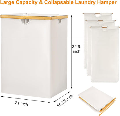 WOWLIVE 180L Laundry Hamper 3 Section, Bamboo Laundry Basket with lid, Extra Large Dirty Clothes Hamper with Removable Linner Bags, Laundry Bin Organizer Storage for Dorm Bedroom Bathroom, Beige
