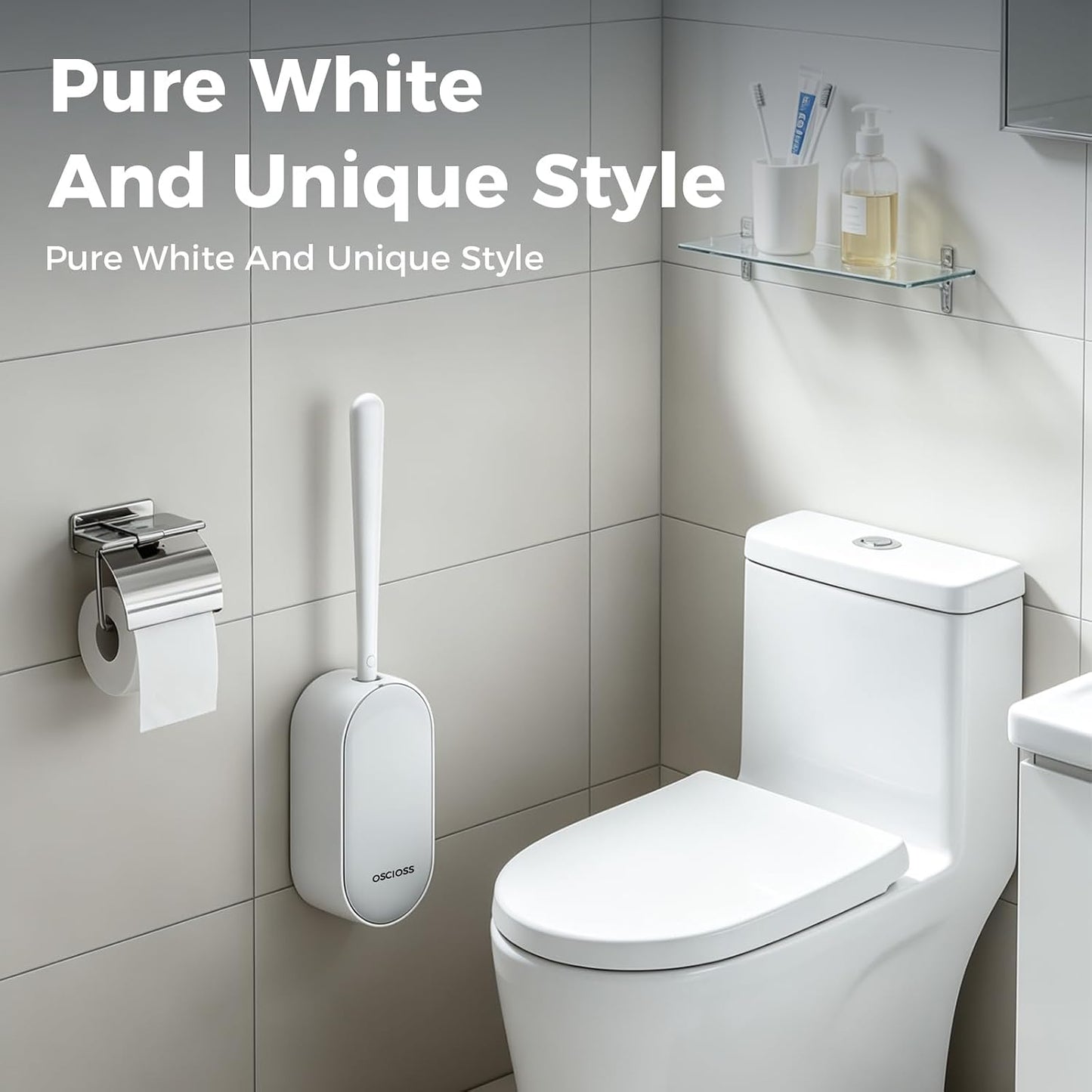 Toilet Bowl Brush and Holder, OSCIOSS Toilet Brush Set with Ergonomic Design, Compact Size, Durable Bristles, RV Toilet Brushes & Holders for Dead Corner Clean (White, 1pack)