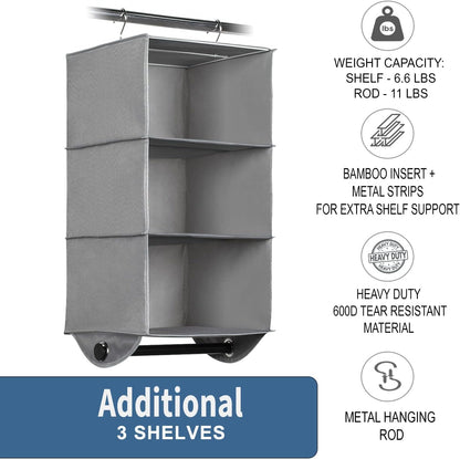 HOLDN’ STORAGE Hanging Closet Organizer with Garment Rod – Heavy Duty 4-Shelf Hanging Shelves for Clothes, Sweaters & Shoes, Reinforced 600D Fabric Storage Unit with Built-in Clothing Rod, Grey