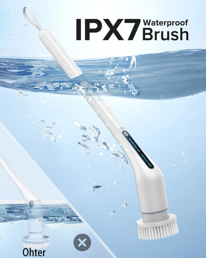 Electric Spin Scrubber, Cordless IPX7 Waterproof, Dual Speed Shower Scrubber with Adjustable Long Handle, 7 Replaceable Brush Heads for Bathroom, Bathtub, Tile Floor, Toilet, Kitchen & Car