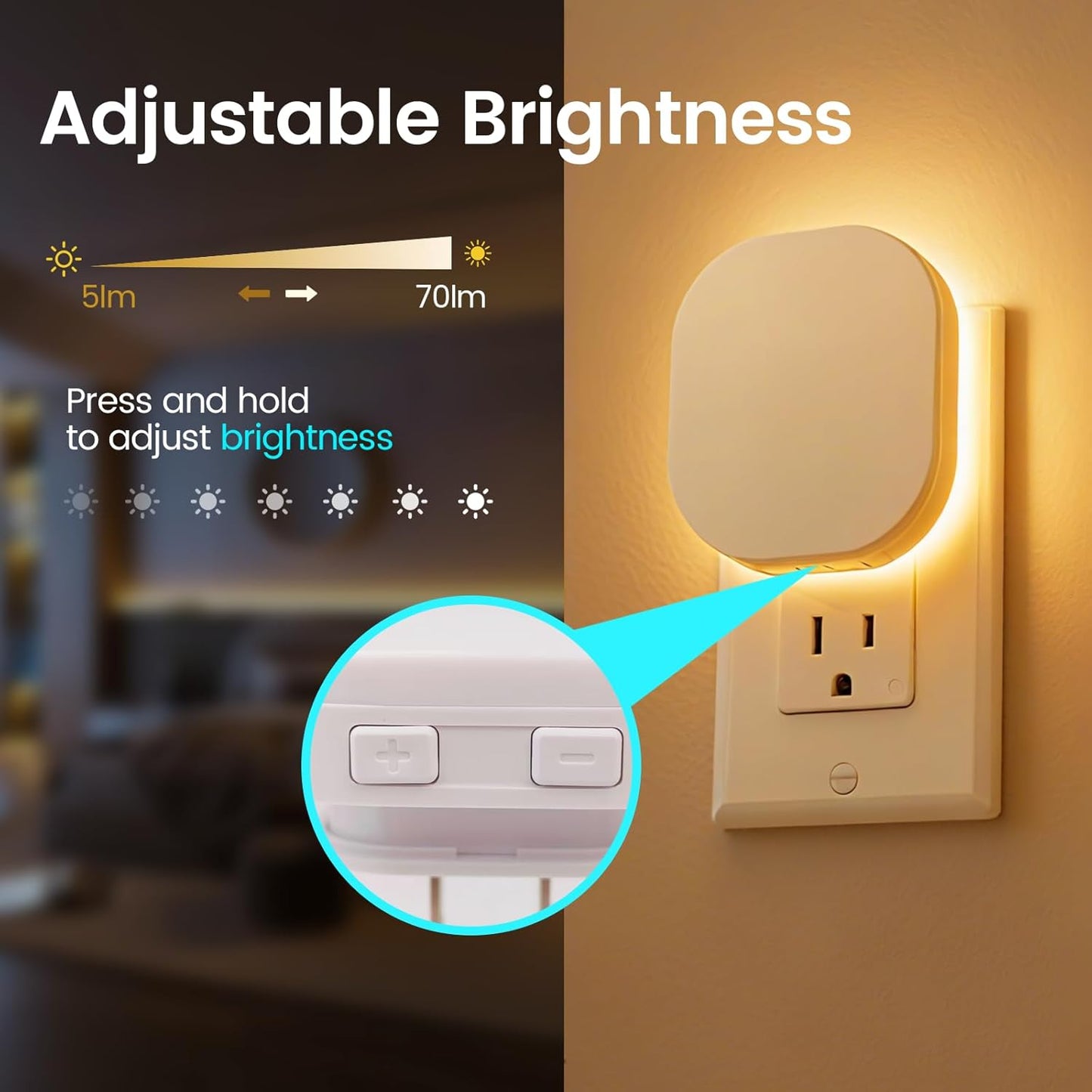 Plug-in LED Backlit Night Light with Motion Sensor, Dimmable Brightness Eye-Caring Warm White Nightlight for Baby & Kids' Bathroom, Nursery, Bedroom, Hallway (2 Pack)