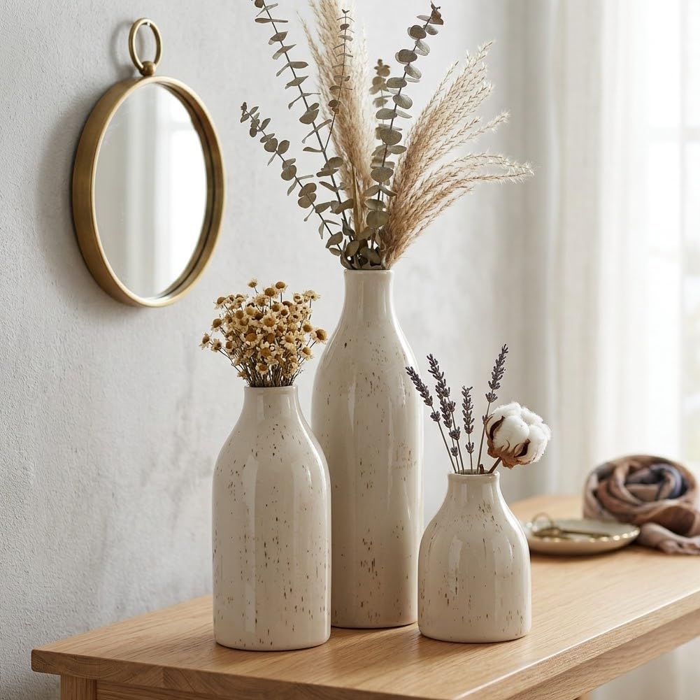 Ceramic Vase Set of 3, Small Flower Neutral Vases Home Decor, Pottery Rustic Farmhouse Decorative Vases, Modern Decor for Table Mantel Entryway Bookshelf Living Room Kitchen Bedroom
