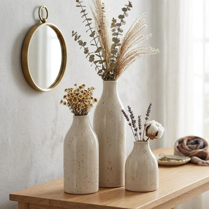 Ceramic Vase Set of 3, Small Flower Neutral Vases Home Decor, Pottery Rustic Farmhouse Decorative Vases, Modern Decor for Table Mantel Entryway Bookshelf Living Room Kitchen Bedroom