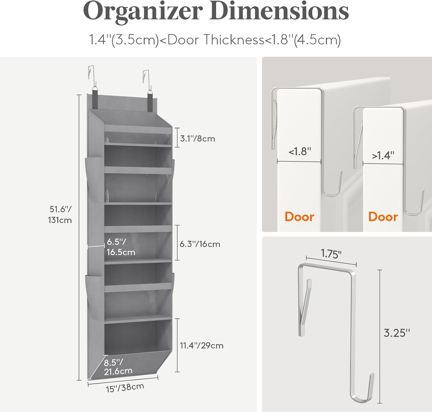 Lifewit 1 Pack Over the Door Organizer, 5 Section Clear Window Hanging Storage with 4 Side Pockets, Sturdy Anti Tilt 40 lbs Load Behind Door for Closet, Bedroom, Bathroom, Nursery, Dorm, Dark Gray