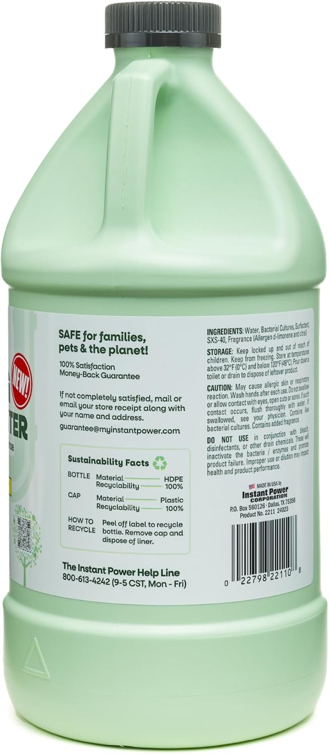 Instant Power Eco Clog Preventer - Enzyme Drain Cleaner Liquid and Deodorizer for Sink, Shower, Toilet, Garbage Disposal Cleaner, Bio-Based Drain Defense, Smell Remover and Odor Eliminator - 32 fl oz