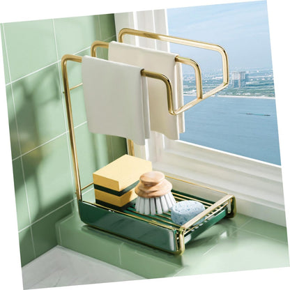 Cabilock Kitchen Wall Mounted Iron Draining Rack with Triple Rods for Dish Cloth and Sponge Storage Space Saving Tableware Drying Organizer in Gold Practical Kitchen Cleaning Tool Holder