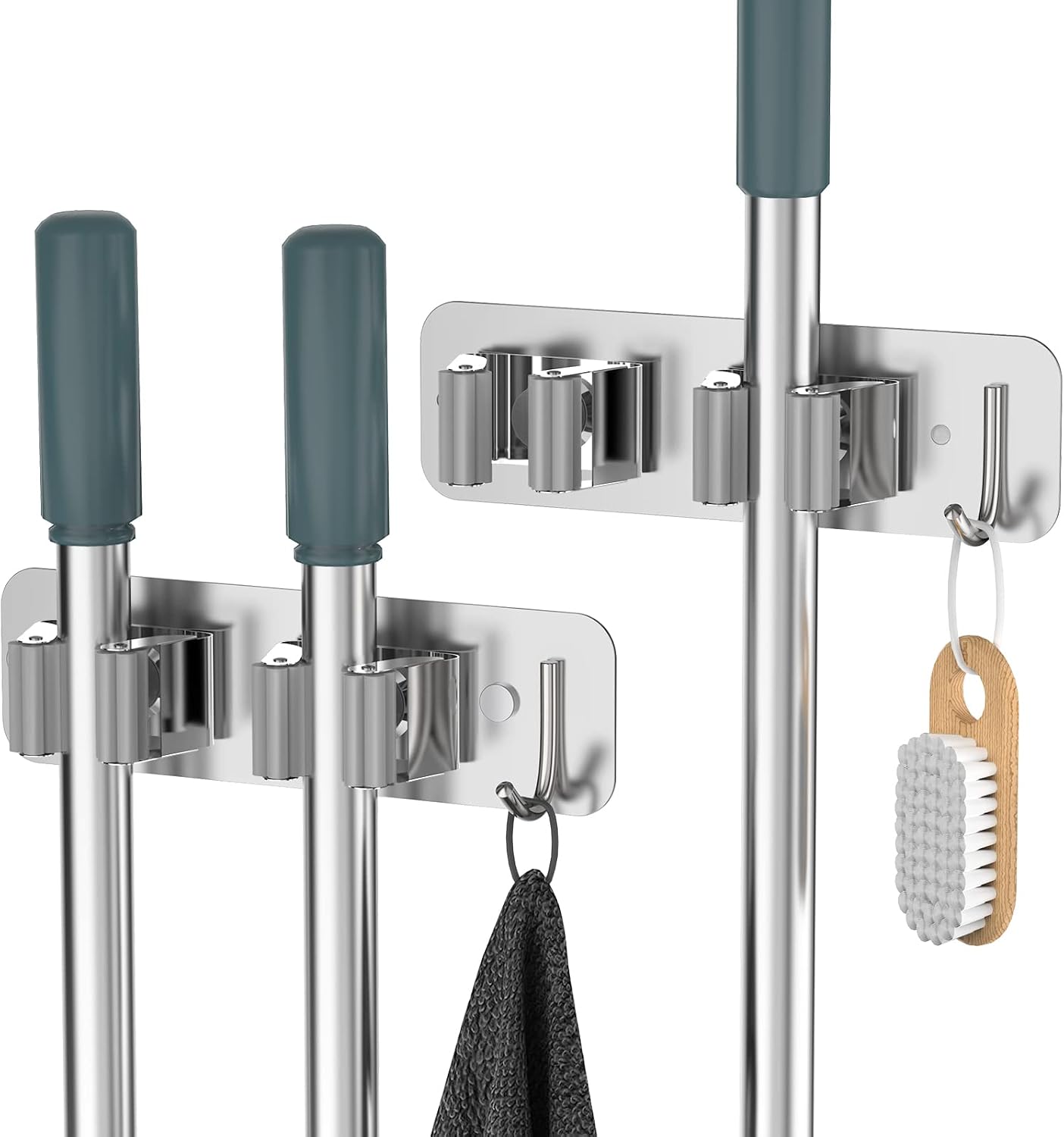 homeasy Wall Mount Mop and Broom Holder, Heavy Duty Stainless Steel Organizer Rack with Hooks | 2-Pack, 2-in-1 No Drill & Screw Installation, Black