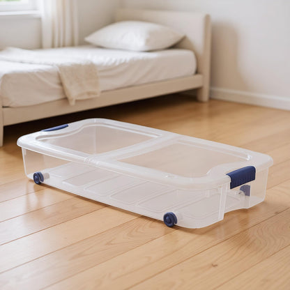 66 Quart Large Capacity Underbed Storage Container with Wheels & Lid | Clear Plastic Rolling Storage Bin for Bedroom, Closet Organization | 39.5” Design for Blankets, Seasonal Clothing & Holiday Decor