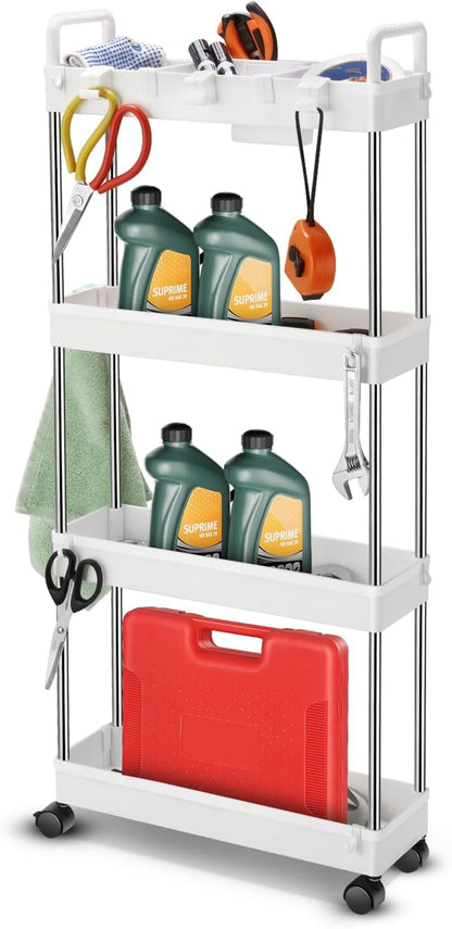 Auto Dynasty 3 Tier Slim Rolling Cart with Handle, Multifunction Utility Storage Rolling Cart, Movable Storage Organizer with Wheels for Office, Bathroom, Kitchen, Narrow Places (White)