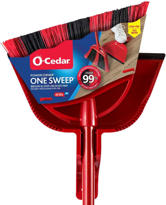 O-Cedar Strong Sweep Broom and Dustpan Set with Detail Brush | Indoor Outdoor Heavy Duty Stiff Bristle Broom | Step-On Dust Pan