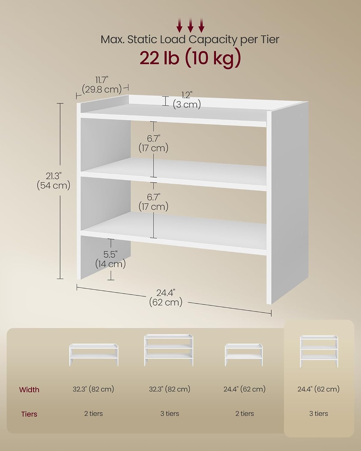 VASAGLE CUSTOS Collection - Shoe Rack for Closet, Stackable Shoe Organizer Shelf for Entryway, 2 Tiers, 11.7 x 24.4 x 14.2 Inches, White ULBS062WZ01S