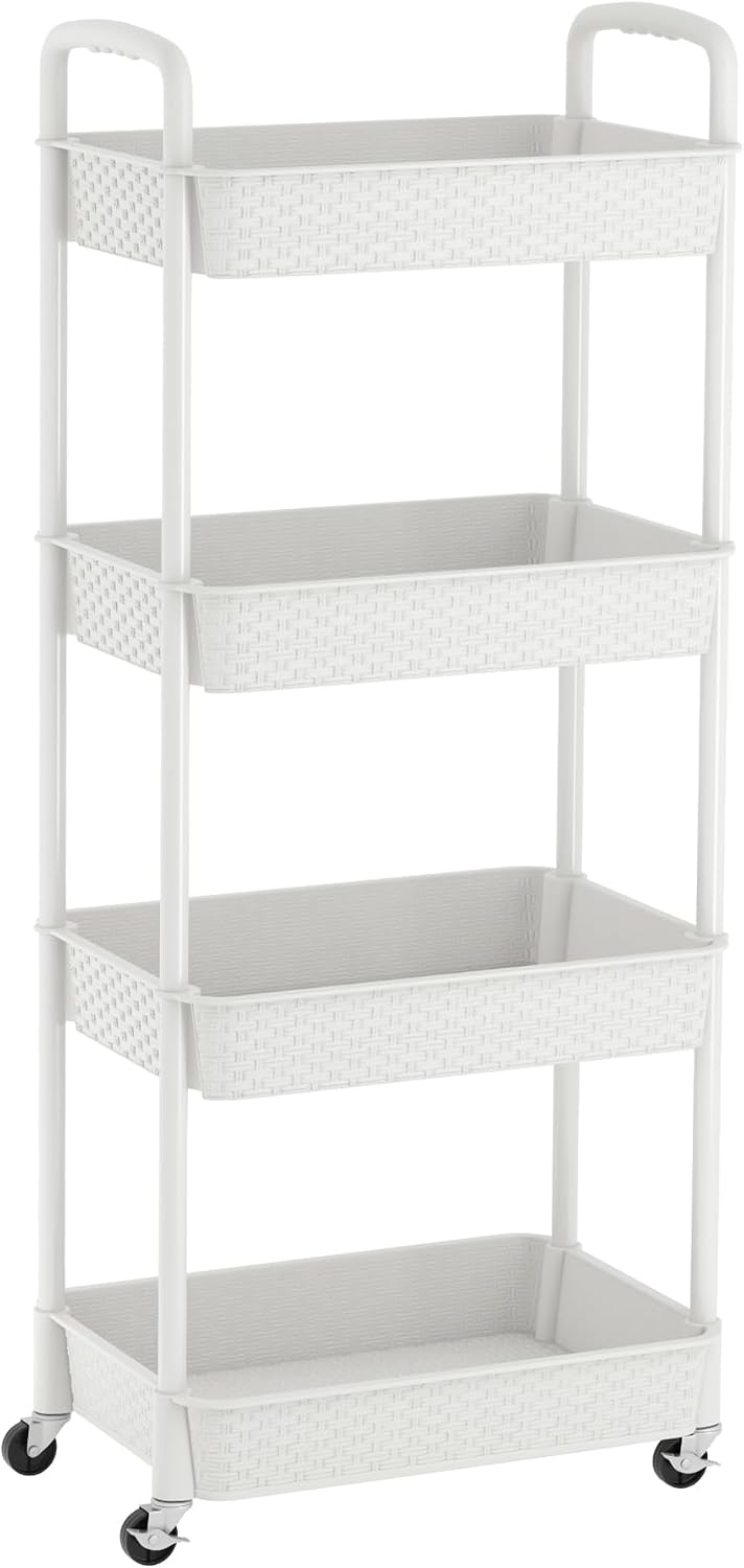 MOYIPIN 3-Tier Plastic Rolling Utility Cart with Handle,Utility Storage Cart for Office, Living Room, Kitchen,Movable Storage Organizer Shelves,White